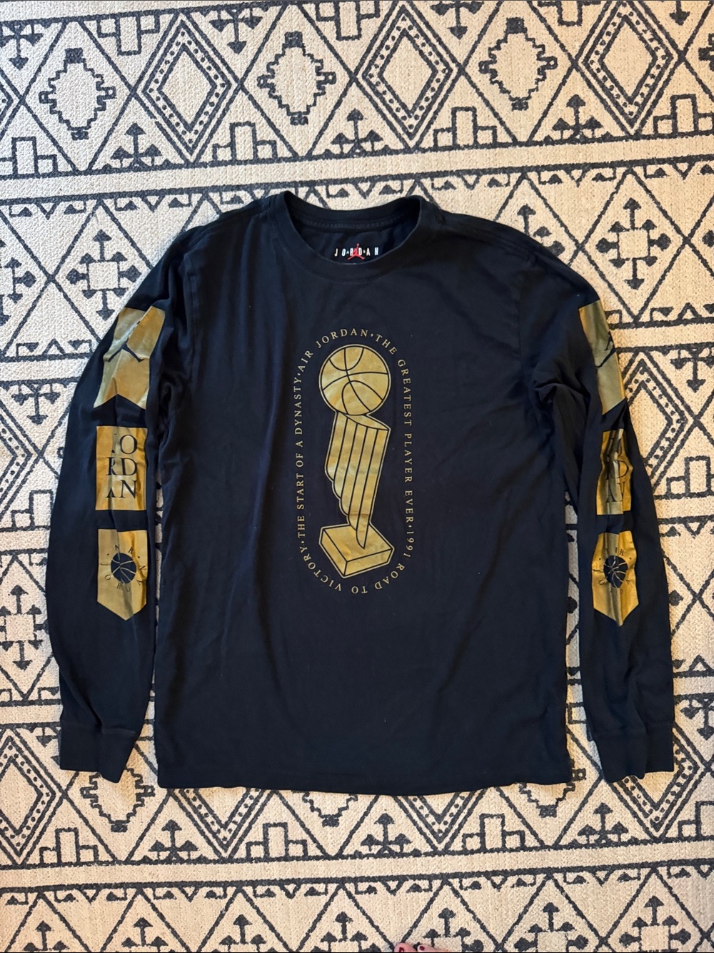 Air Jordan Black Long-Sleeve Tee with Gold Trophy Print